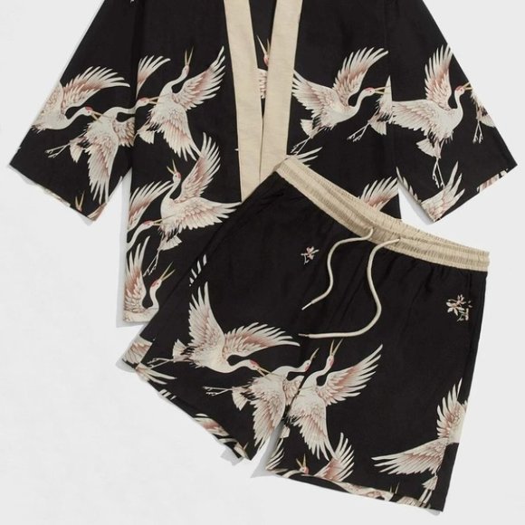 Casual Men's Crane Print Shirt & Set - Picture 3 of 6